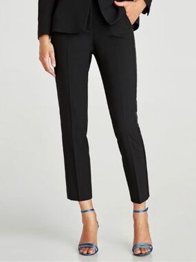 Zara Black Cropped Tailored Ankle Tuxedo Pants with satin side stripe Small